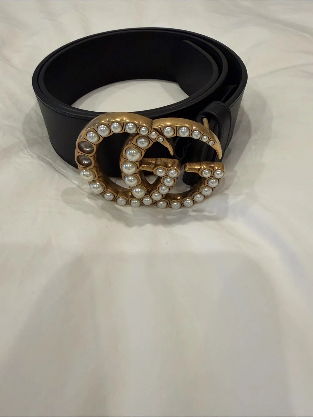 Black Leather Belt with Pearl-Embellished Double G Buckle